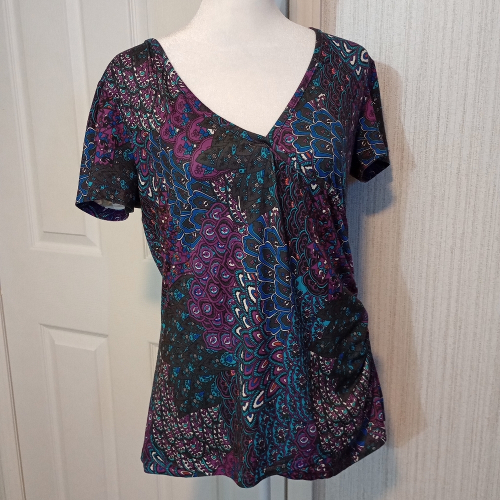 Beauhuty Women's Size M Knit Top Multicolor Cross Over Front Boho Stretch EUC
